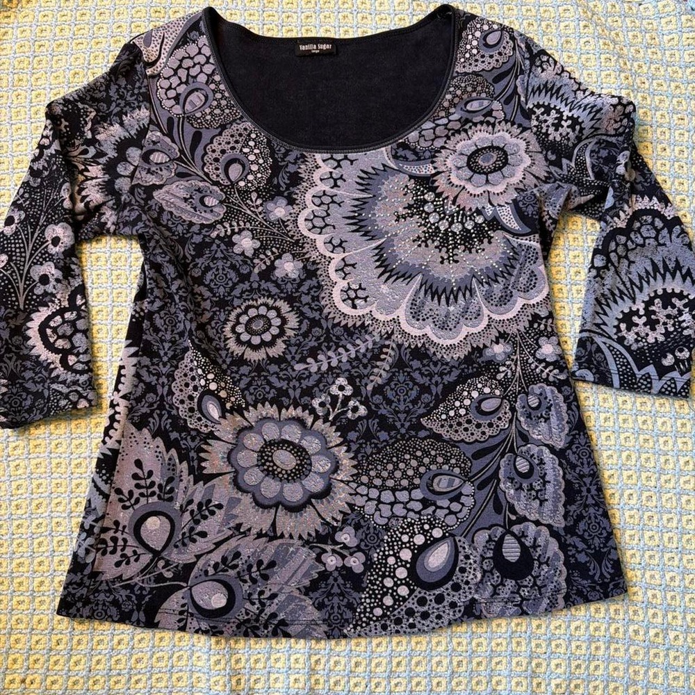Vanilla Sugar Vintage Y2K Purple Paisley Beaded Whimsygoth 3/4 Sleeve Top Large